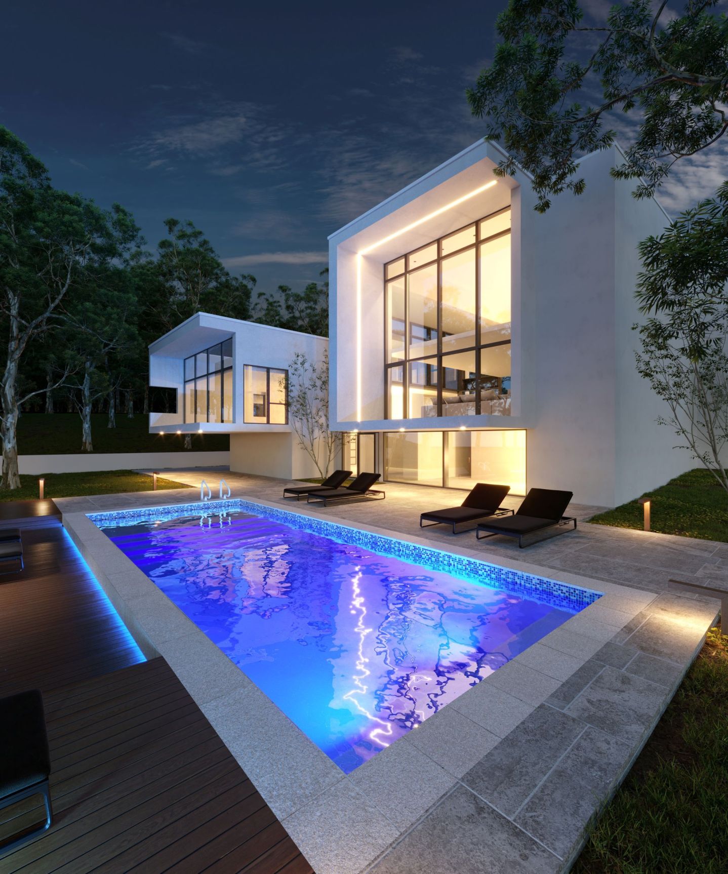 Backyard illuminated with app-controlled outdoor lighting